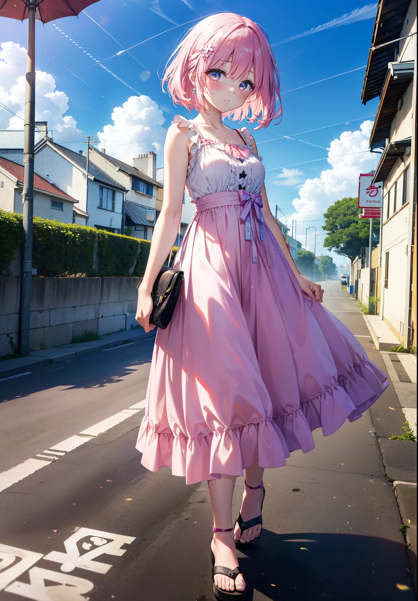Model Luke, Momo Model Building Luke, Devil's Tail, Hair Flowers, hair ornaments, Pink Hair,Short Hair,(Purple eyes:1.1), smile,blush,happy smile, smile, Open your mouth,
, Sleeveless Pink Dress,Pink long skirt,Cute Sandals,walking,Real Summer,Daytime,sunny,whole bodyがイラストの中に入っていくように,
break outdoors ,Coastal Road,In town, break looking at viewer, whole body,
break (masterpiece:1.2), highest quality, High resolution, unity 8k wallpaper, (shape:0.8), (beautiful deしっぽed eyes:1.6), extremely deしっぽed face, Perfect lighting, extremely deしっぽed CG, (Perfect hands, Perfect Anatomy),