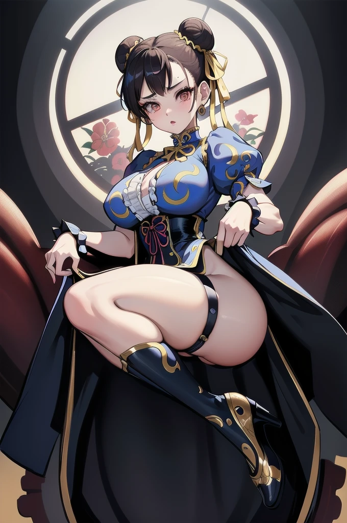 Sfw, (vivid colors,ultra-detailed),(best quality:1.37)chun li reimagined as a Victorian goth girl in a dark Victorian era backdrop, full body,