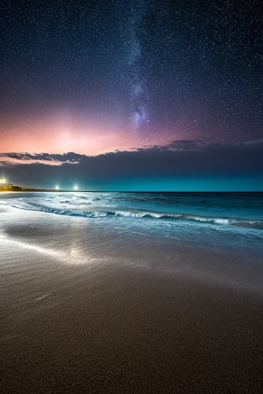 The starry sky shines on the beach, with dark gray sand and shallow water in front of it. The Milky Way is visible above the sea level, creating an endless expanse under the night view. It's like being alone at home, with the vast ocean adding mystery to the scene. A black background highlights details, and high contrast makes everything more vivid., Photorealistic, 