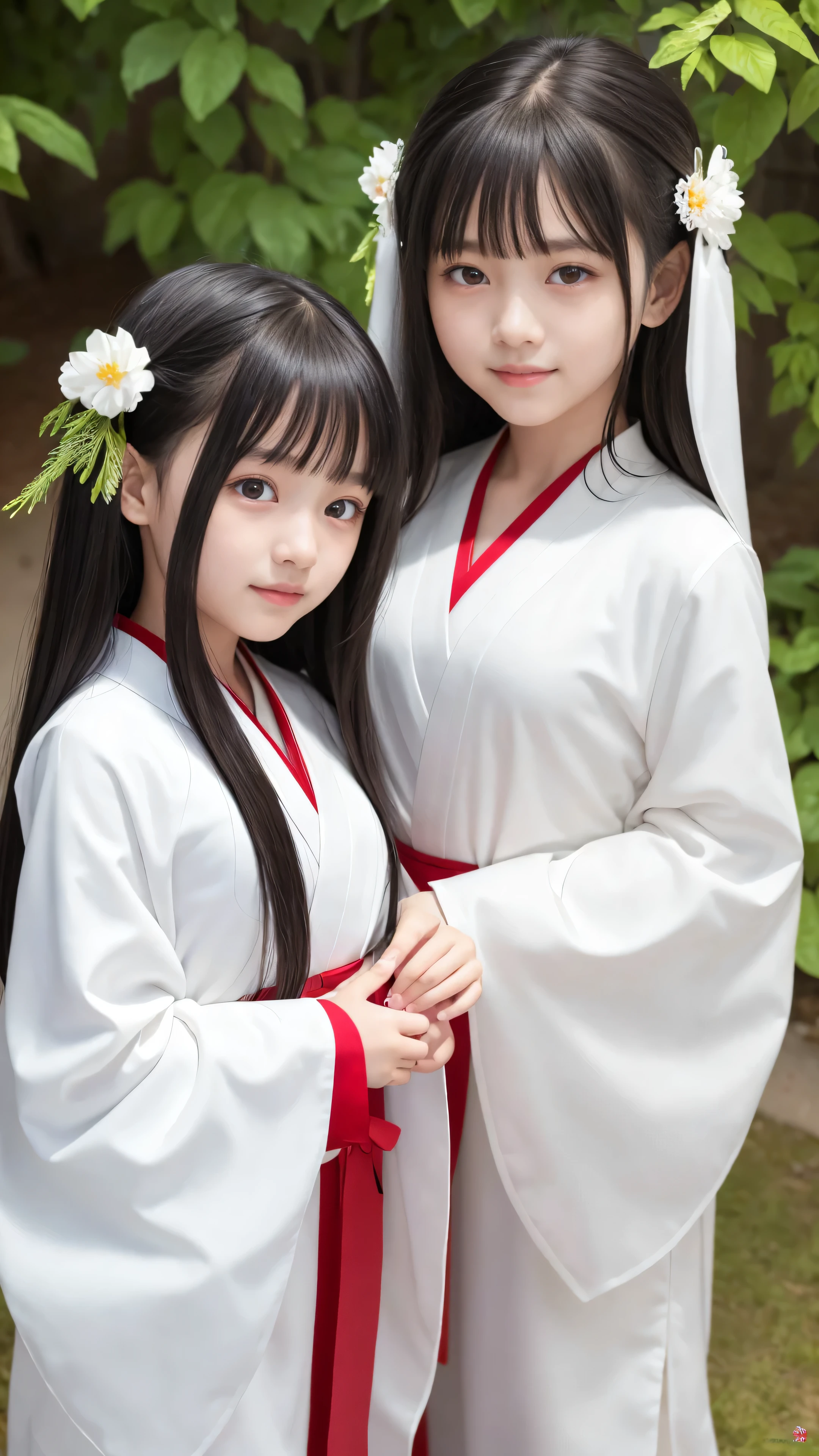 High-quality images,masterpiece,8K wallpapers incorporating detailed CG,Two Girls,12 years old,Baby Face,beautiful,smile,pale black hair,Realistic,pale black hair,Shrine maiden costume,Long Hair、Straight bangs、