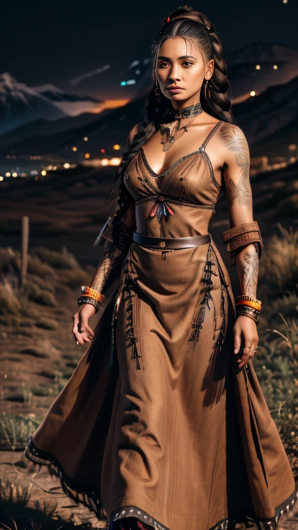 A high resolution ultra detailed realistic photo with a Native American woman, Native American woman with long legs and curvy figure, hairstyle wild braids, clothing is a mix of cyberpunk and  Native American style, Native American woman with full body pose dancing and looking towards the Camera, the clothes swing in the air, the background of the picture is at night in the steppe with mountains in the background, Clothing Maxi dress with long slits on the side, Clothing maxi skirt with long slits on the side, Clothing long maxi dress, large Native American tattoos