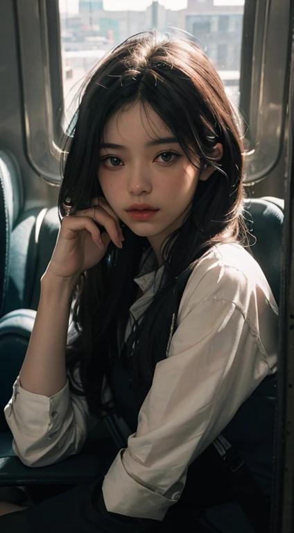 (RAW photo, best quality), (realistic, photo-realistic:1.3),best quality,highly detailed,masterpiece,ultra-detailed,illustration,1girl,full_body,dynamic angle,world masterpiece theater,messy_long_hair,best quality,extremely detailed CG unity 8k wallpaper,ink,Amazing,cinematic lighting,lens_flare, dunhuang_style, on the train