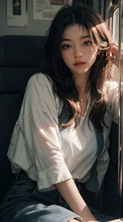 (RAW photo, best quality), (realistic, photo-realistic:1.3),best quality,highly detailed,masterpiece,ultra-detailed,illustration,1girl,full_body,dynamic angle,world masterpiece theater,messy_long_hair,best quality,extremely detailed CG unity 8k wallpaper,ink,Amazing,cinematic lighting,lens_flare, dunhuang_style, on the train