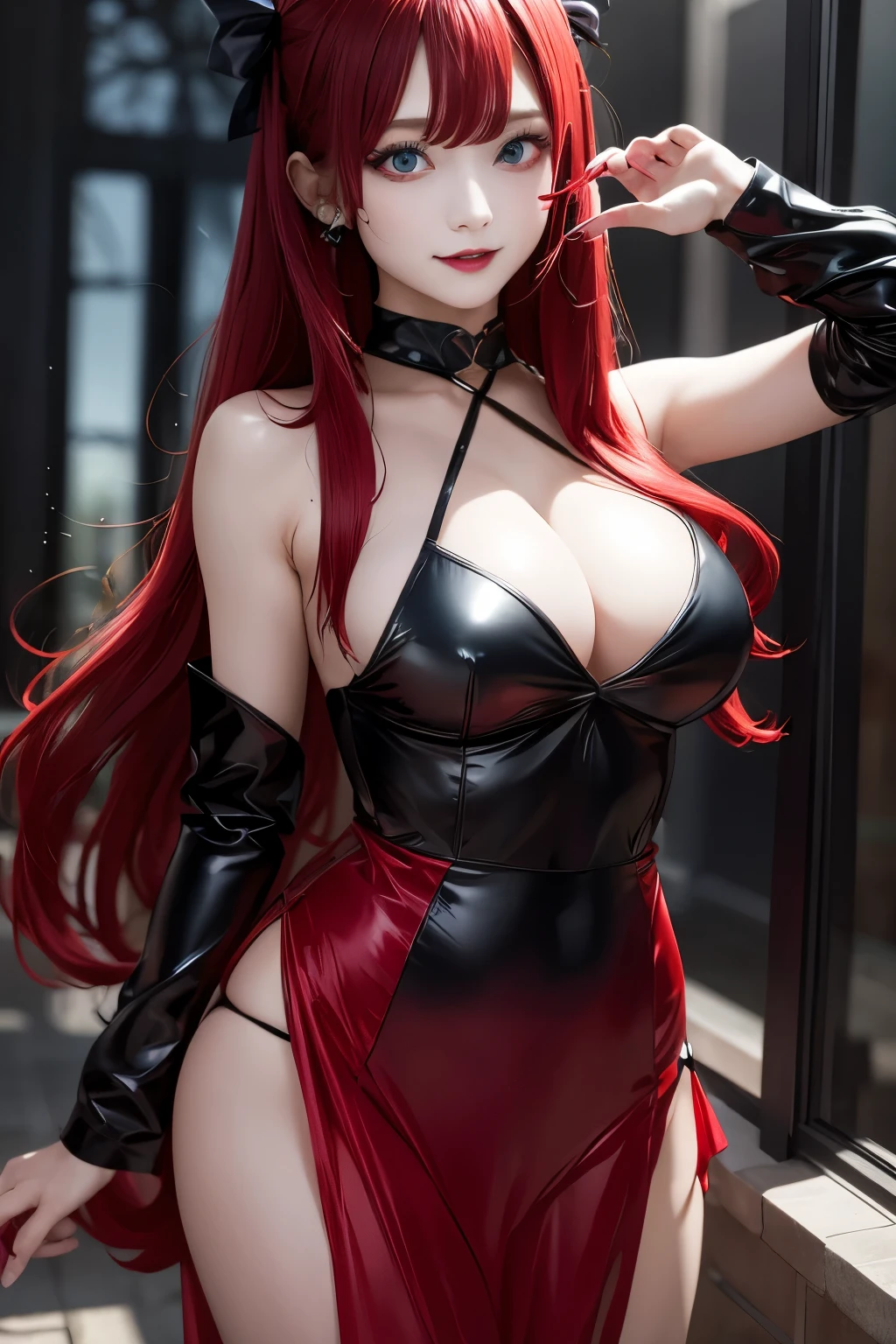 masterpiece, best quality, highres, 1girl, solo, modern vampire, red hair, long hair, open hair, red eyes, evil smile, 2 young boys on her both sides, both vampires with red hair, red and black outfit, scary background