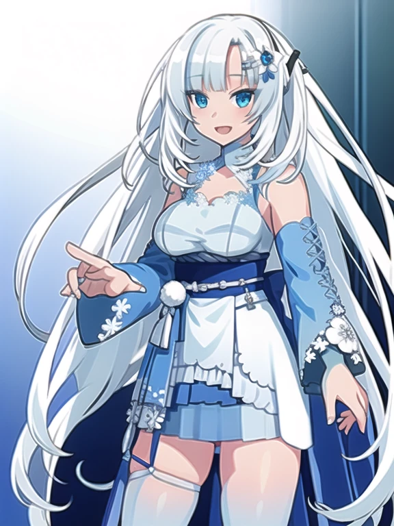 0(Ultra extreme detailed),(Masterpiece),(Ultra extreme),(Realistic),CG,An illustration,novel iAn illustration,One girl, White Cal,Sky Hair,blue eyes,hair ornaments,White Dress,mini skirt,No sleeve,Removable sleeves,heart,Thigh straps,Blue knee socks,can,White skin,