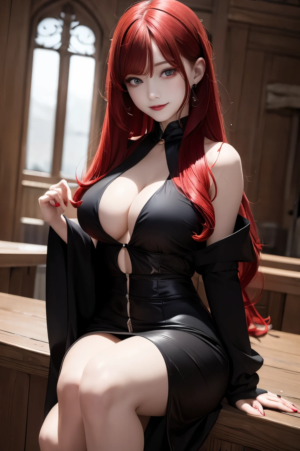 masterpiece, best quality, highres, 1girl, solo, modern vampire, red hair, long hair, open hair, red eyes, evil smile, 2 young boys on her both sides, both vampires with red hair, red and black outfit, scary background