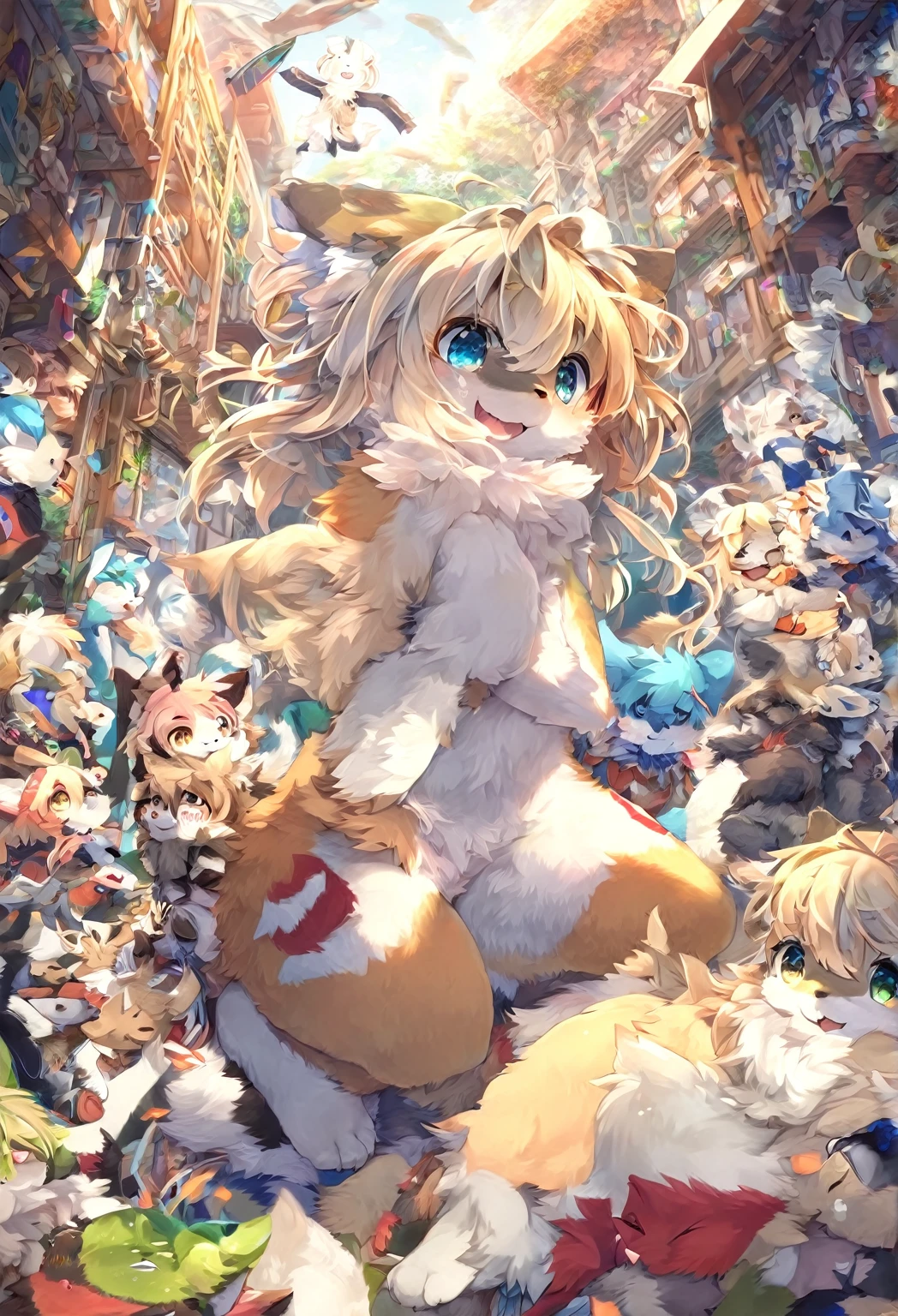 Ultra-high resolution, Detailed Background,  boy, girl, Happy, Joyful, Disorganized(kemono, Furry Personification),　Naked　Naked　Completely naked　Covered entirely in fur　Animal body types　Animal skeleton