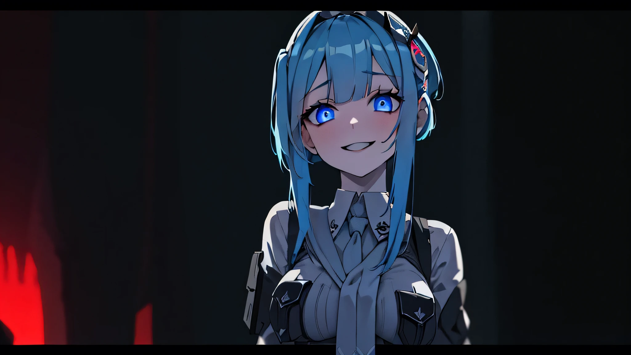 ((Best quality)), ((masterpiece)), (detailed:1.4), 3D, an image of a beautiful cyberpunk female, Yandere , Yandere Face , Trance , Trance Eyes , yameroyandere , constricted pupils , yandere ,
empty eyes . shaded face , crazy eyes , blue glowing eyes , crazy smile , dark, long sky blue hair, watering hair, blue eyes, white headgear, White Soldier Shirt, Black under cloth, Short white panty, Grenade belt, Big chest, Big thigh, High thigh black knee sock, full view of girl, battlefield background, black combat boot, red necktie, black glove, black combat suit, black jacket, black cloak, black panty, ammo belt, HDR (High Dynamic Range),Ray Tracing,NVIDIA RTX,Super-Resolution,Unreal 5,Subsurface scattering,PBR Texturing,Post-processing,Anisotropic Filtering,Depth-of-field,Maximum clarity and sharpness,Multi-layered textures,Albedo and Specular maps,Surface shading,Accurate simulation of light-material interaction,Perfect proportions,Octane Render,Two-tone lighting,Wide aperture,Low ISO,White balance,Rule of thirds,8K RAW,