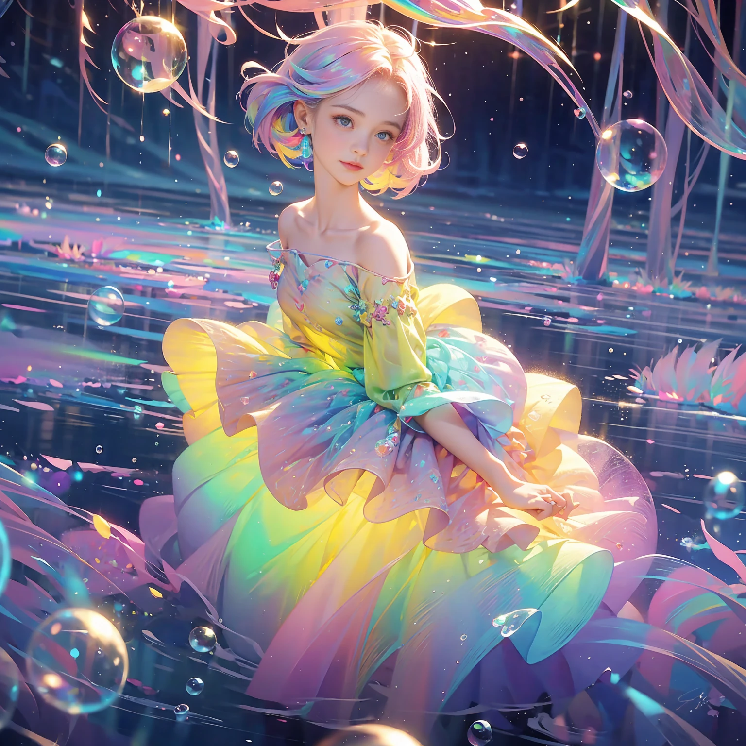 masterpiece, highest quality, Intricate details, Excellent anatomy、beautiful girl, Sparkling eyes, Otherworldly liquid fantasy background, watercolor, Bright and vibrant colors, Whimsical, colorful, Layered tiered puffy long sleeve ball gown, ((Rainbow bubbles))