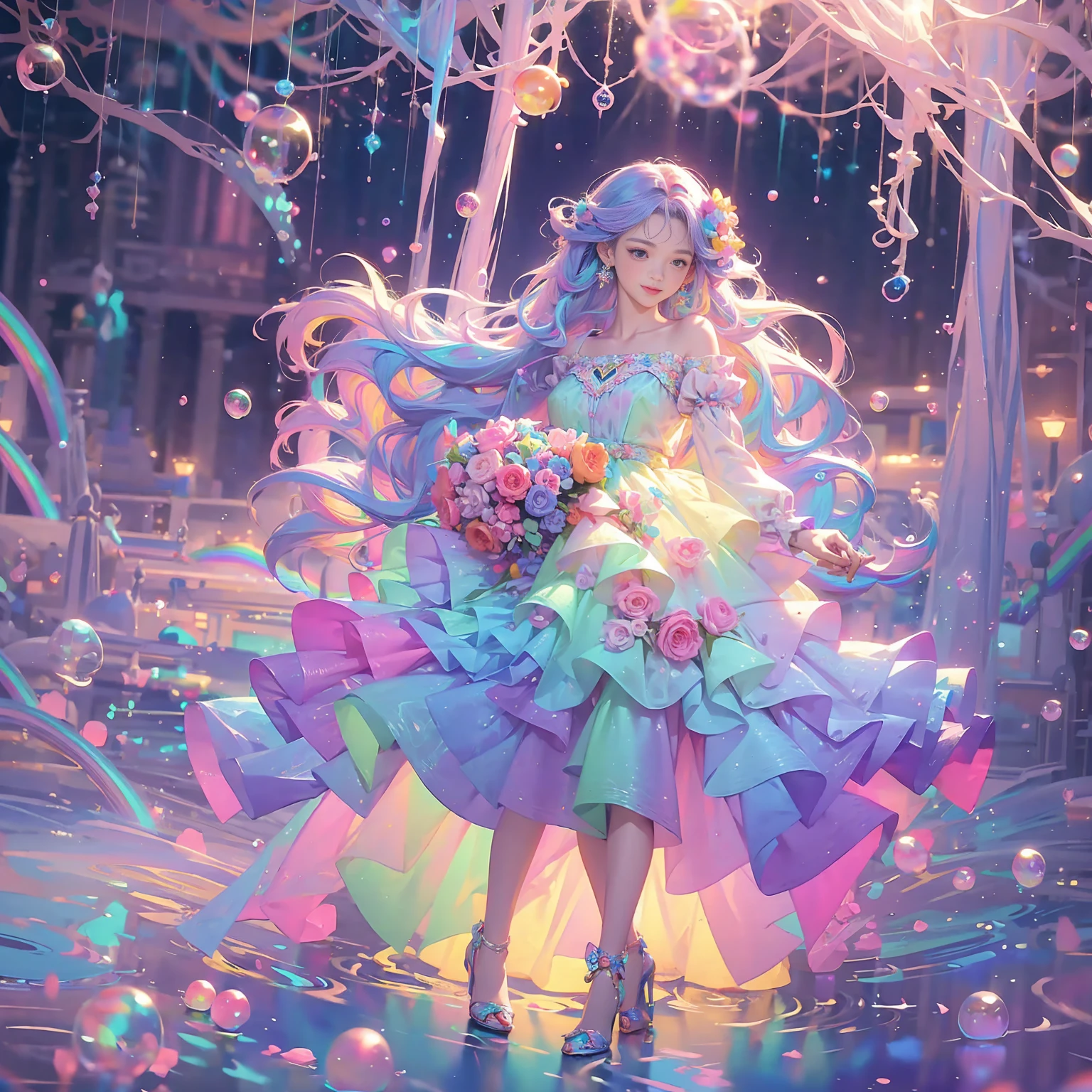 masterpiece, Highest quality, Intricate details, Excellent anatomy、beautiful girl, Sparkling eyes, Otherworldly liquid fantasy background, watercolor, Bright and vibrant colors, Whimsical, colorful, Layered tiered puffy long sleeve ball gown, ((Rainbow bubbles))