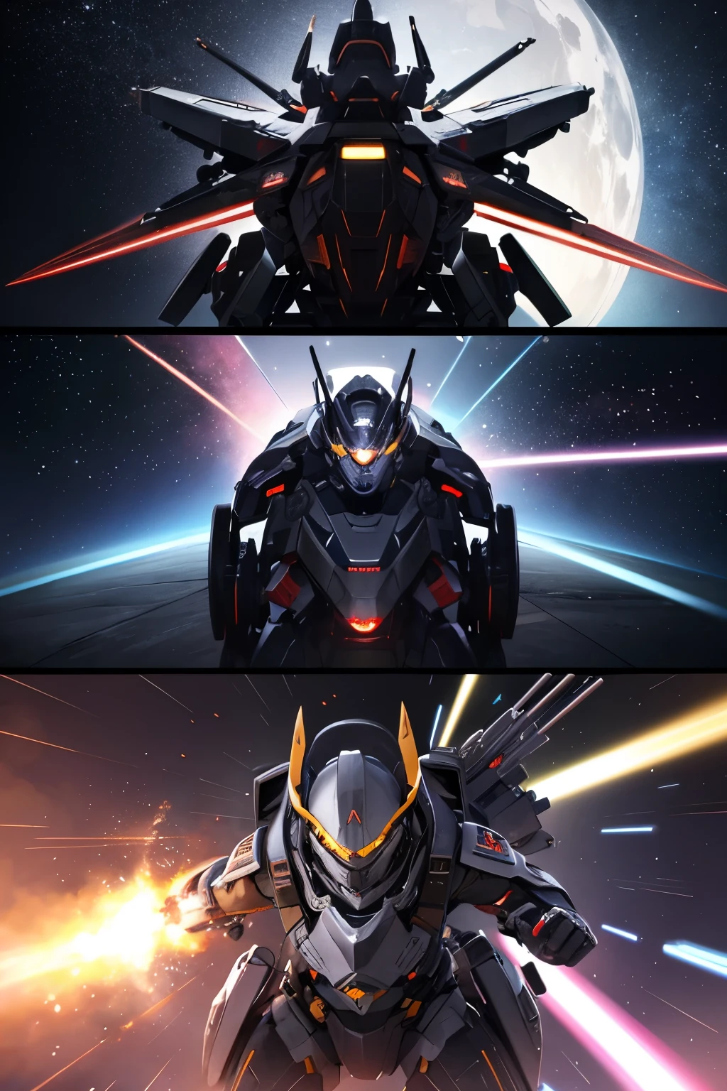 (((highest quality、first-clasasterpiece、Normal body、8k、Detailed face、Ultra-precision、Normal hand、Normal finger、5Finger、)))鮮やかなColorの髪、Rainbow Hair、Rainbow Mechanical Angel、Large mechanical wings、Large booster、Large thruster、Visor Helmet、Thought-guided remote-controlled weapon、Funnel、Bit Weapon、Full Armor、Beam rifle、Colorのビームを乱射、Running through space、Full boost、Beam Sword、Fighting space monsters、Variable Beam Launcher、multi missile、Mega Beam Cannon、In combat、Dogfight、High Maneuver、Space War、fleet battle、Destroy enemy ships、High mega particle cannon firing、ultimate weapon、Multi-warhead missiles、Full burst、All-at-once sweep、Breaking the Limits、critical point breakthrough、Charged particle cannon、Meteors、Rainbow、Lightning Kick、Color