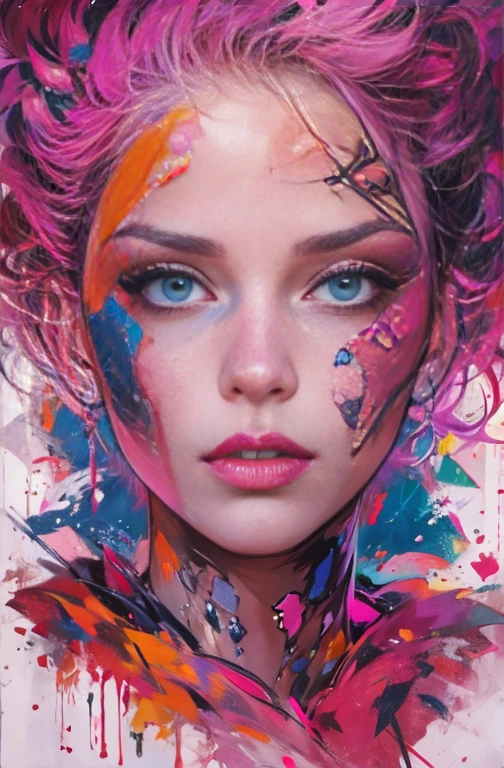 Painting of a woman in magenta and orange colors, Maureen O'Original, pretty much beautiful face, Ultra-detailed paintings inspired by Wow, ArtStation Trends, Fantasy art, intricate Wow, art of Wow, Wow art, Wow |, the style of Wow, Beautiful character drawings, Wow painting style, Wow | art germ, Unparalleled Beauty Tumbler, Figurative art, Intense watercolor, Watercolor detailed art, Watercolor splash, Surreal, Avant-garde pop art, Beautiful and expressive paintings, Beautiful artwork illustration, Very colorful tones, wonderful, Cool Beauty, masterpiece, highest quality, Official Art, women only, Sharp contours, Best Shot, Vector art, By Sandra Chevrier, Dave McKean、Richard Avedon、By Makiej Kusiala, Bright design
