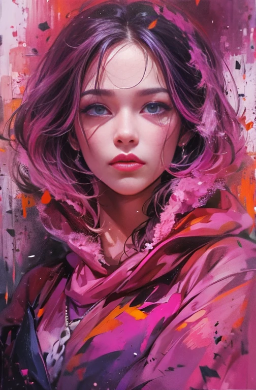 Painting of a woman in magenta and orange colors, Maureen O&#39;Original, pretty much beautiful face, Ultra-detailed paintings inspired by Wow, ArtStation Trends, Fantasy art, intricate Wow, art of Wow, Wow art, Wow |, the style of Wow, Beautiful character drawings, Wow painting style, Wow | art germ, Unparalleled Beauty Tumbler, Figurative art, Intense watercolor, Watercolor detailed art, Watercolor splash, Surreal, Avant-garde pop art, Beautiful and expressive paintings, Beautiful artwork illustration, Very colorful tones, wonderful, Cool Beauty, masterpiece, highest quality, Official Art, women only, Sharp contours, Best Shot, Vector art, By Sandra Chevrier, Dave McKean、Richard Avedon、By Makiej Kusiala, Bright design