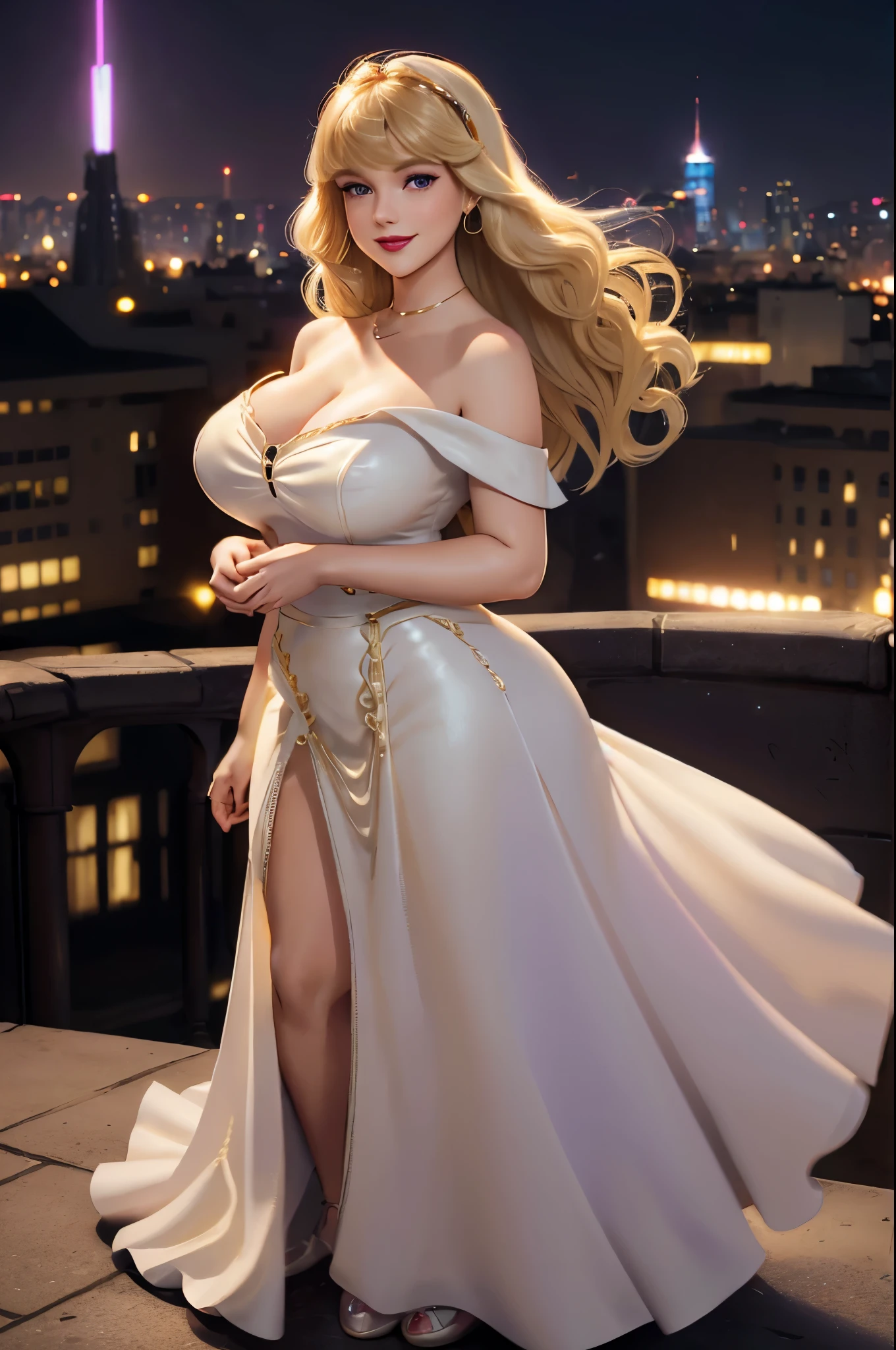 DisneyAurora 27 years old, ((( Taylor Swift:Emma Stone:0.7))) Beautiful woman (((shoulder length wavy blonde hair))) (bangs:1.2) (sparkling white dress, long skirt) (purple eyes) defined body, Red lipstick, smiling, hands free, standing, high tech cyberpunk city rooftop, night, (huge_breasts:1.4) (curvy:1.3)(chubby:1.2)