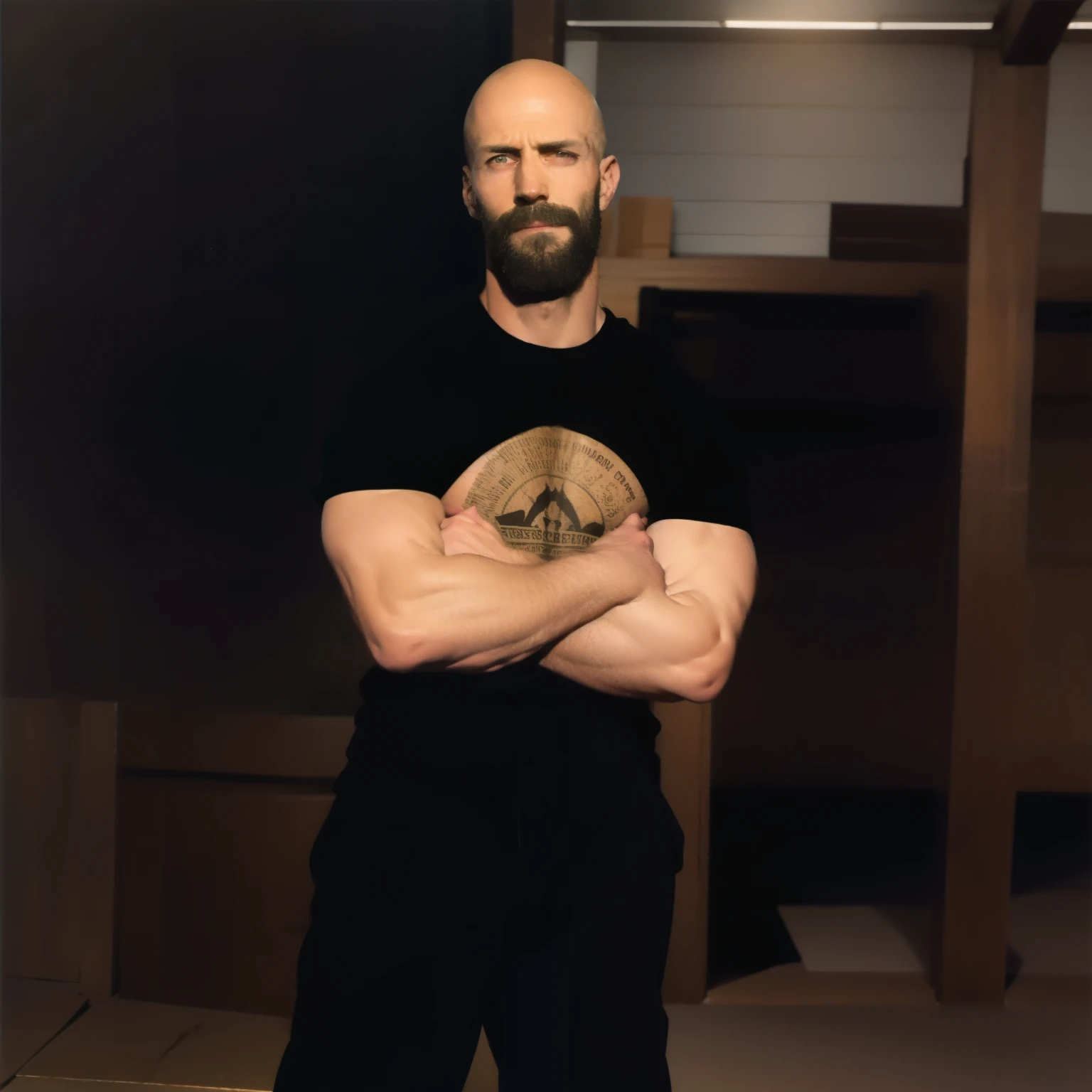 tall bald handsome man with beard, daddy, dark tattoos, lean fit body, soccer shirt, 30yo, dynamic lighting, lean body, loose cargo plants pants, character sheet, full body shot