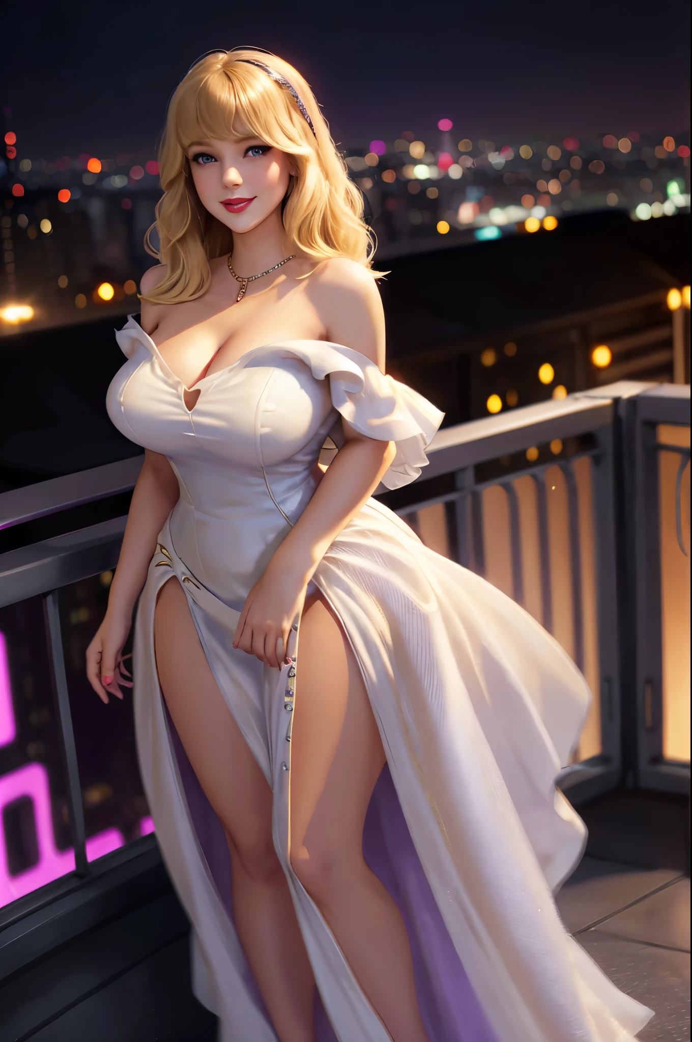 DisneyAurora 27 years old, ((( Taylor Swift:Emma Stone:0.7))) Beautiful woman (((shoulder length wavy blonde hair))) (bangs:1.2) (sparkling white dress, long skirt) (purple eyes) defined body, Red lipstick, smiling, hands free, standing, high tech cyberpunk city rooftop, night, (huge_breasts:1.4) (curvy:1.3)(chubby:1.2)