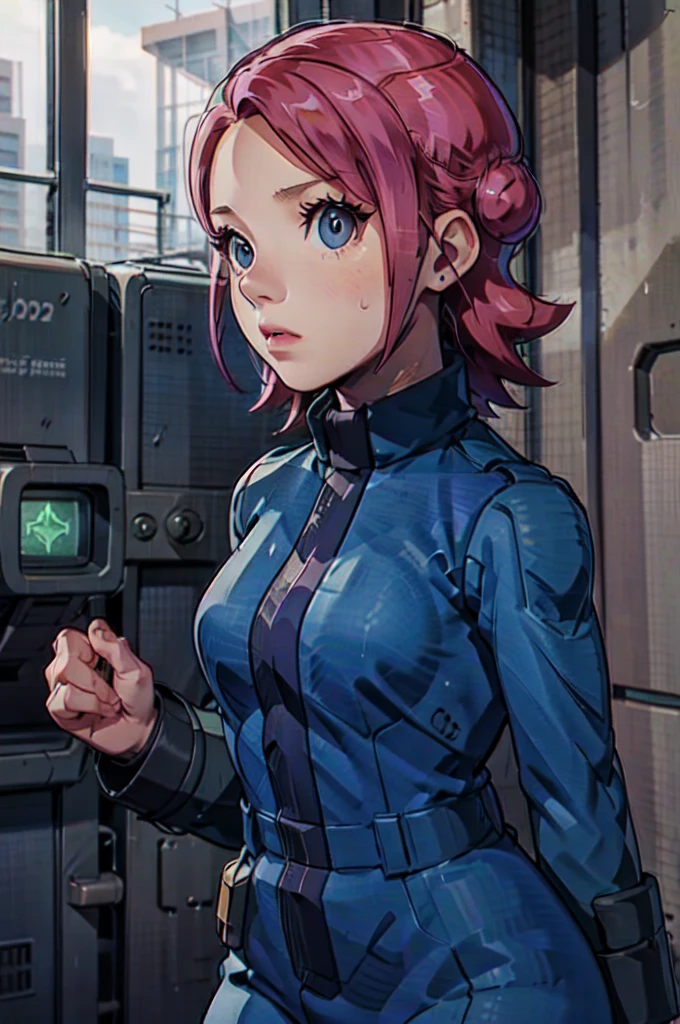 Mayl Sakurai reimagined as a vault dweller, doing maintenance in an underground vault. Her vibrant pink hair stands out against the dimly lit environment. She is a 26-year-old woman dressed in a vault dweller jumpsuit, indicative of her role in the post-apocalyptic world. The jumpsuit is worn but still functional, reflecting the harsh conditions of life underground. Her face is beautifully detailed, with expressive eyes that convey determination and intelligence. Her lips are also well-defined, adding to her overall allure.

In the vault, Mayl Sakurai is seen operating a pipboy, a wrist-worn device that serves as an essential tool and information hub for survival in the vault. The pipboy's screen emits a soft glow, illuminating Mayl's face and casting a subtle green hue on the surroundings. The details on the pipboy, from its buttons to its display, are extremely detailed, showcasing its futuristic design.

The underground vault is filled with mechanical equipment and pipes, emphasizing the importance of maintenance in this post-apocalyptic world. The atmosphere is gritty and industrial, with a hint of mystery and danger. The lighting is dim and has a hint of blue tones, enhancing the underground ambiance.

Despite the grim surroundings, Mayl Sakurai exudes confidence and strength as she jumps into action, ready to fulfill her duties as a vault dweller. Her posture and expression suggest that she is prepared to face any challenge that comes her way.

The image quality should be at its best, with 4K resolution and ultra-detailed rendering, capturing every intricate detail of the scene. The colors should be vivid, emphasizing the contrast between Mayl's vibrant pink hair and the dimly lit environment. The overall style should lean towards a post-apocalyptic concept art aesthetic, blending realism with a touch of fantasy.

In summary, the Stable Diffusion prompt for the provided theme would be:
Mayl Sakurai reimagined as a vault dweller, doing maintenance in an undergr