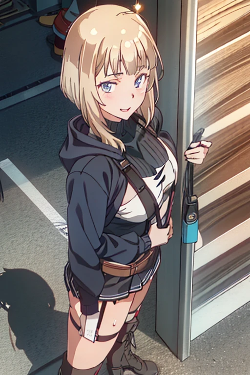 (from above:1.2),(from side:0.9), ((Face)), (Close-Up:0.4), 1female, teacher, wearing a hoodie, bootyshorts, Thicc, small breast, light colored hair, long hair, blue eyes, face to detail, detailed eyes, the background is a pizzaria, smiling, highest quality, (RAW photo:1.2)(Curve,Model,glamor:1.5),Beautiful breasts,(pointed chest:1.0),Farbe_aberration,beautiful detailed shadow,Beautiful eyes,Beautiful body,Beautiful skin,beautifull hands,(medium_breasts:1.5),Brown hair,watching at viewers,black suspenders,Bulging big,breasts,walls: Black miniskirt, garters, Gaze, Small face,bangss,holster,Beautuful Women,hands up,leg holster,Gaze,black boots panty shot, provocation,flank,flank sweat soio,arm,,narrow waist,(with sparkling eyes and a contagious smile),her thin pubic hair, looking at viewer, posed cleavage:1.2,pose muy sexy" 