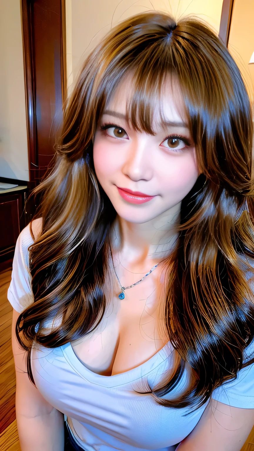 Full Body Angle、((highest quality, 8K, masterpiece: 1.3)), concentrated: 1.2, Cute girl 1,Nipples erect、 Perfect beauty: 1.4,Crisscross V-neck T-shirt, Casual summer short sleeve t-shirt: 1.2,Long sleeve、Randall Color、comics&Text Graphics、Black ruffle-trimmed drawstring zip blouse,1.1, Highly detailed face and skin textures, Fine grain, double eyelid, whitening skin, ,highest quality,Ultra-high resolution,you,1 girl,alone,_Shiny_skin,Iris,necklace,((Brown_length_Wavy_hair)),(lips)),eyelash,Front hair,deal with,compensate,Shiny,pore,skin texture,Large Breasts、smiling face、
