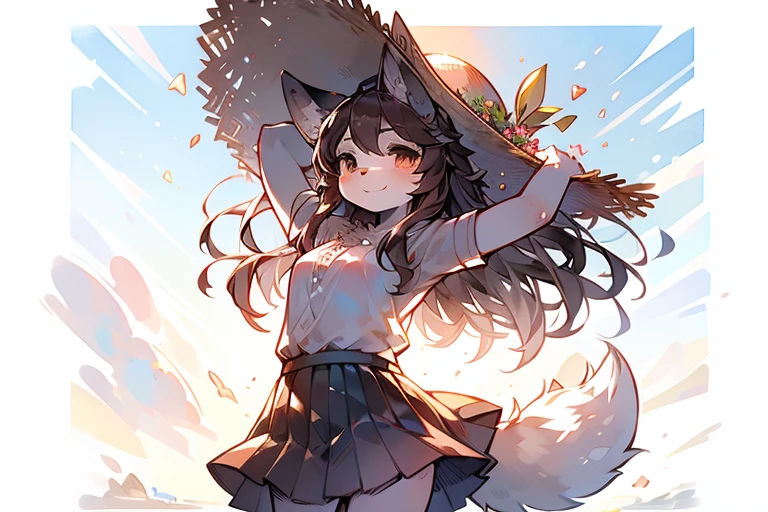 monochrome, watercolor, high resolution, top quality, best quality, Paid rewards available, High-quality illustrations, An unrivalled masterpiece, Perfect work of art, absurd, White tulle skirt,Innocent,girl, Beast field, hairy, Detailed body fur, Animal Face,Canine nose animal hand,,Happy expression, arctic fox,Brown hair,Long hair,A gentle breeze blows,Brown tail,hairy尾巴,On the beach,Wearing a straw hat,Open your arms