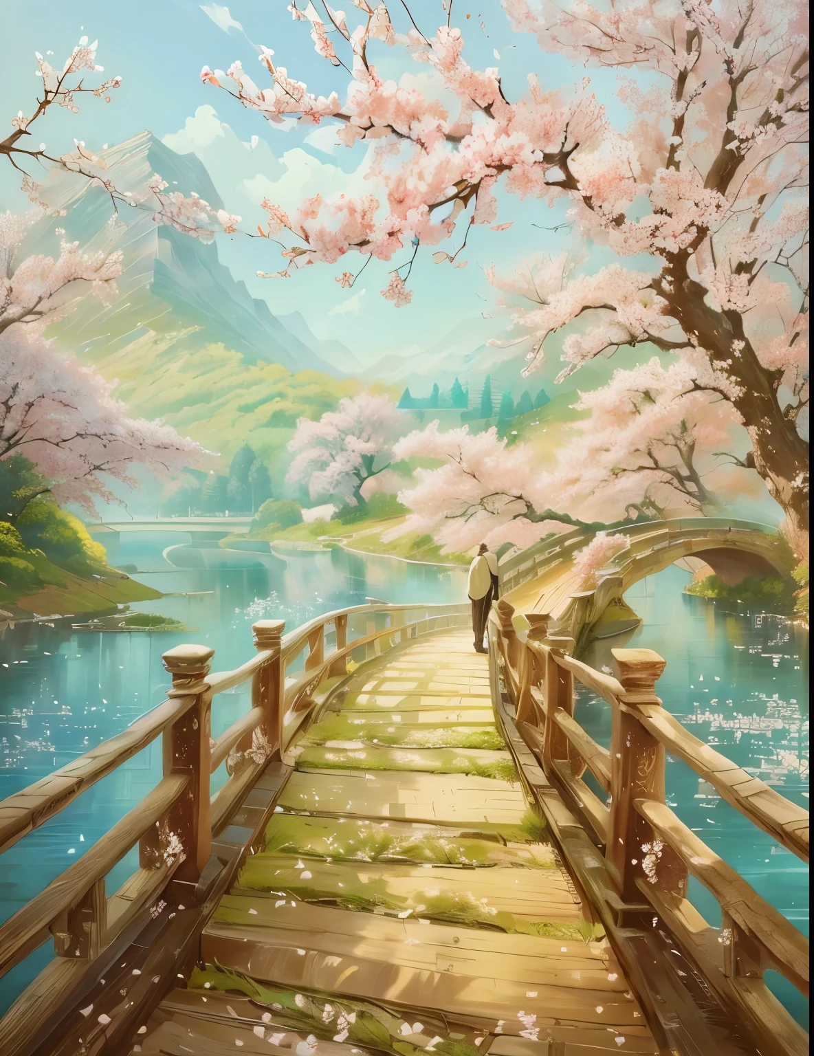 Painting of a man crossing a bridge, The blossoming road to heaven, Landscape painting, Beautiful art uhd 4 k, Beautiful peaceful scene in anime, Landscape painting 詳細, Cherry Blossom Forest, dream scenery art, Beautiful paintings, Detailed painting 4k, Anime Background Art, Beautiful digital art, a Beautiful artwork illustration, Beautiful artwork, Beautiful digital painting, Beautiful art