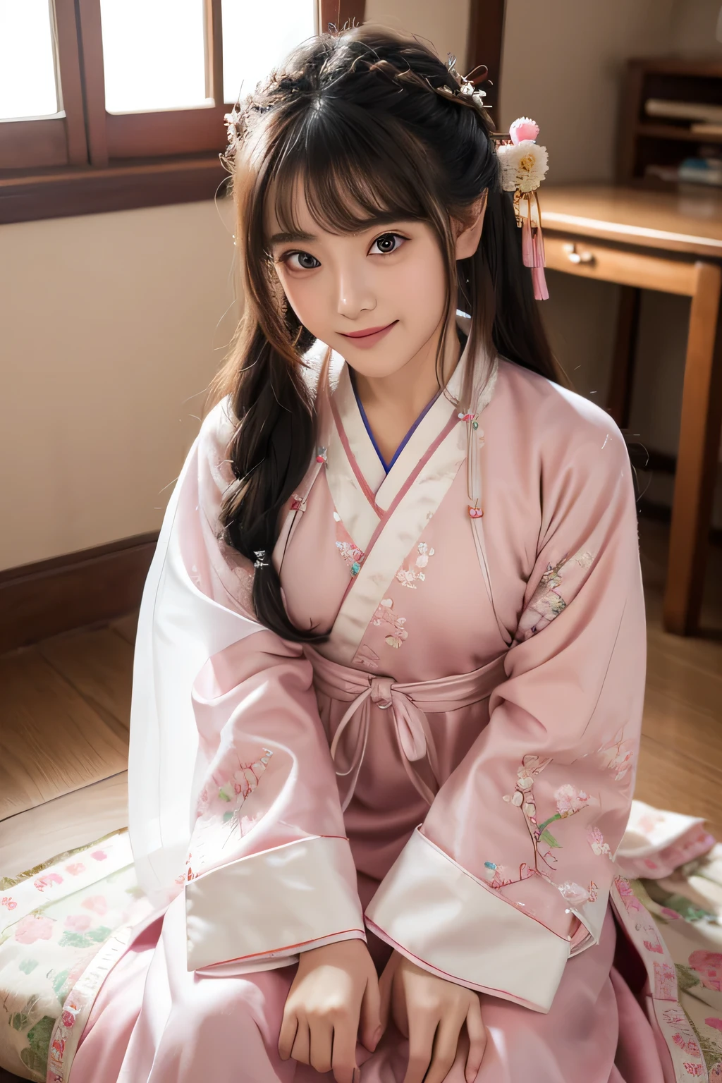 Top quality,1080p,high resolution,Exquisite CG,loli girl,Costume hairstyle,Air bangs,Smile,Bright beautiful eyes,Long eyelashes,Perfectly symmetrical face,Radiant Skin,Long-sleeved hanfu,(Pink embroidered Hanfu),(Delicate collar),Chinese style room,Classical furniture,Lattice windows,curtain,antiquity