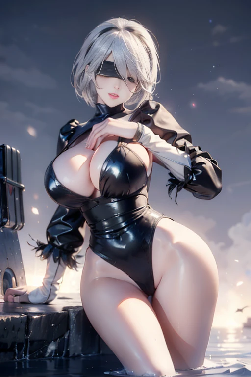 ((highest quality)), ((masterpiece)),(detailed),High resolution,Sharp focus,(非常にdetailed CG unity 8k wallpaper),(((Vibrant colors))), Perfect Face,One girl,Game Characters,2B,Yoruhano. 2 Type B,Nier Automata, High resolution,Second dimension beautiful girl,Super Beauty,Glowing Skin,Shiny silver hair,Short Bob Hair, Big Breasts,glamorous_expensive_Tight waist_Long legs,curve, Camel Toe,Blindfold,Black eye mask,hair band, cute,Lewd,erotic,Bold,露出度のexpensive服装,smile,Juliet Sleeve,Puffy sleeves,Feather ornament,Dynamic pose,Surrounded by water, reflection,Breathtakingly beautiful clouds,Mirror-like water surface,slingshot swimsuit,Wet skin,