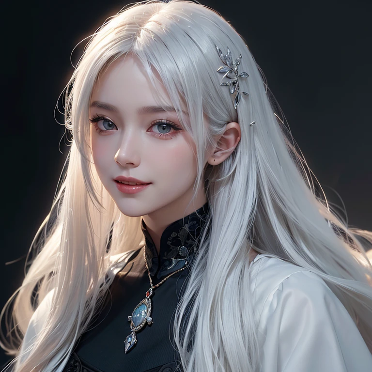 Dark atmosphere,The background is mid-century London、White Wolf、 ((highest quality、masterpiece、8k、Best image quality、Ultra-high resolution、Award-winning works)、(Accurate anatomy:1.1)、(Look at me and smile:1.1)、Shining fair skin with Ultra-high resolution、The most detailed face、Ultra-high resolution detailed face、Short, flowing white hair 、Beautiful face drawn in every detail、(Blurred Background:1.1)、Georgian traditional men's costume, Small breasts, A real wolf next to a girl