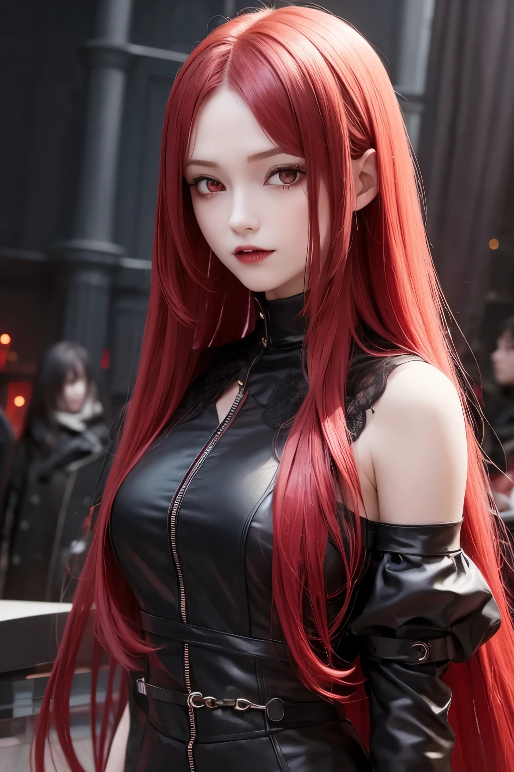 masterpiece, best quality, highres, 1girl, solo, modern vampire, red hair, long hair, open hair, red eyes, evil smile, 2 young boys on her both sides, both vampires with red hair, red and black outfit, scary background