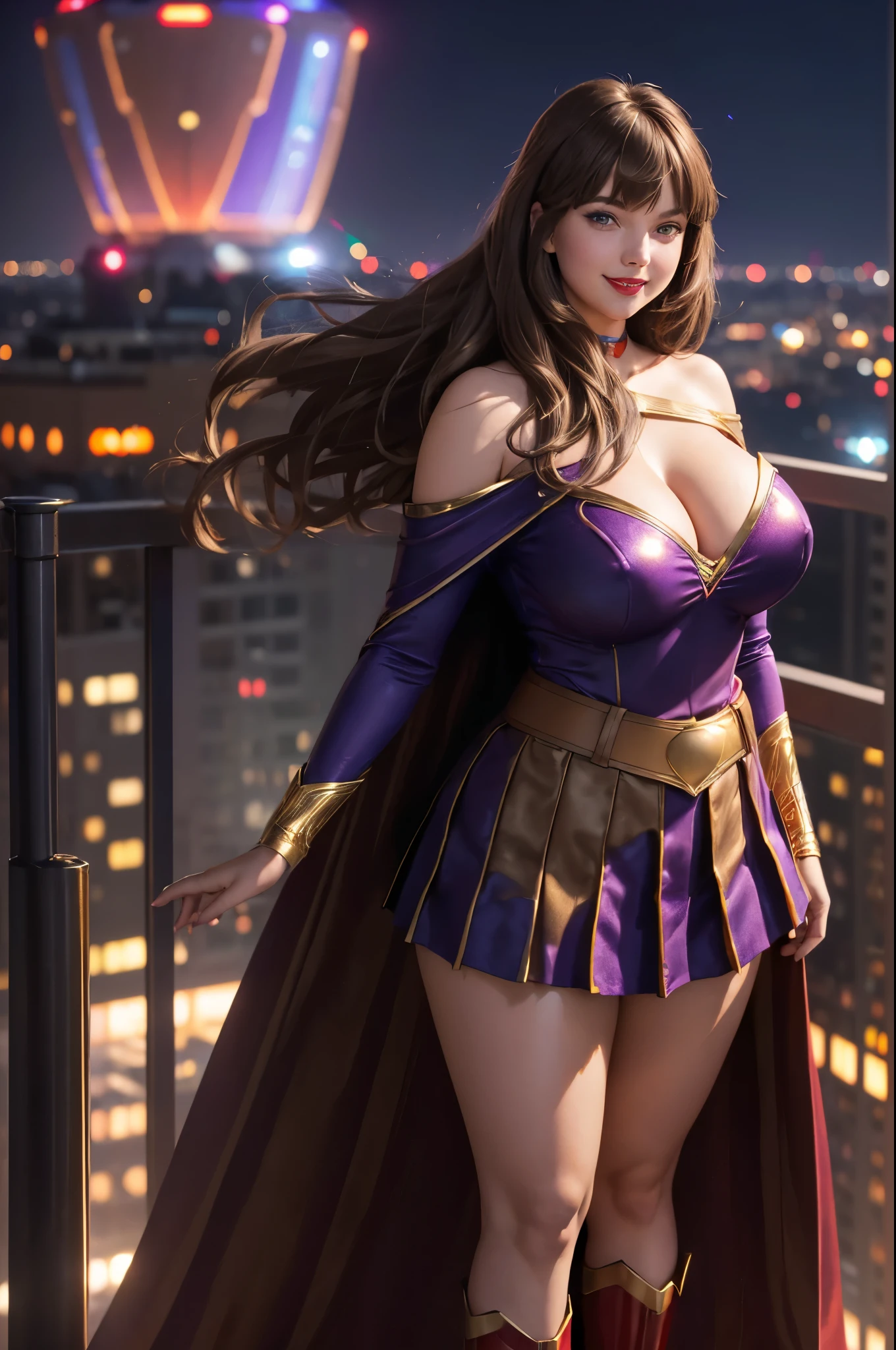 DisneyAurora 27 years old, ((( Taylor Swift:Emma Stone:0.7))) Beautiful woman (((shoulder length wavy light brown hair))) (bangs:1.2) (sparkling long sleeve blue top, gold belt, pleated red skirt and long flowing red cape of Supergirl)) (purple eyes) defined body, Red lipstick, smiling, hands free, standing, high tech cyberpunk city rooftop, night, (huge_breasts:1.4) (curvy:1.3)(chubby:1.2)
