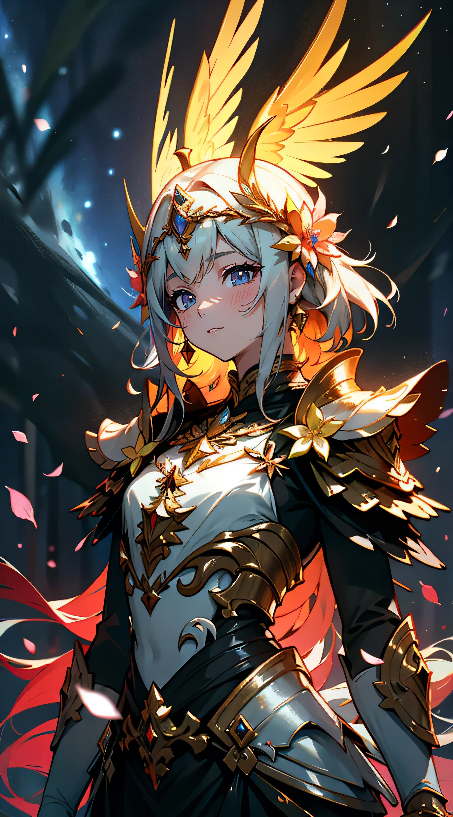 Uma deusa da floresta com uma coroa de flores, wearing colorful armor with petals and shiny jewelry, em uma floresta de folhas azuis, with cosmic sky