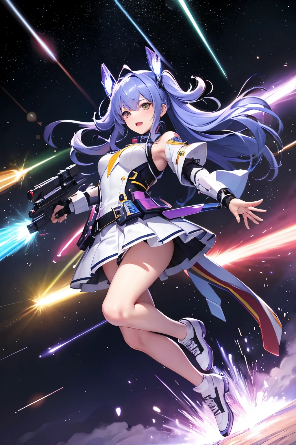 （（（highest quality、first-clasasterpiece、Normal body、8k、Detailed face、Ultra-precision、Normal hand、Normal finger、５Finger、）））Brightly colored hair、Rainbow Hair、Rainbow Mechanical Angel、Large rainbow mechanical wings、Large booster、Large rainbow thruster、Visor Helmet、Thought-guided remote-controlled weapon、Funnel、Bit Weapon、Full Armor、Beam rifle、Shoots rainbow beams、Running through space、Full boost、Beam Sword、Fighting space monsters、Variable Beam Launcher、multi missile、Mega Beam Cannon、In combat、Dogfight、High Maneuver、Space War、fleet battle、Destroy enemy ships、High mega particle cannon firing、ultimate weapon、Multi-warhead missiles、Full burst、All-at-once sweep、Breaking the Limits、critical point breakthrough、Charged particle cannon、Meteors、Lightning Kick、