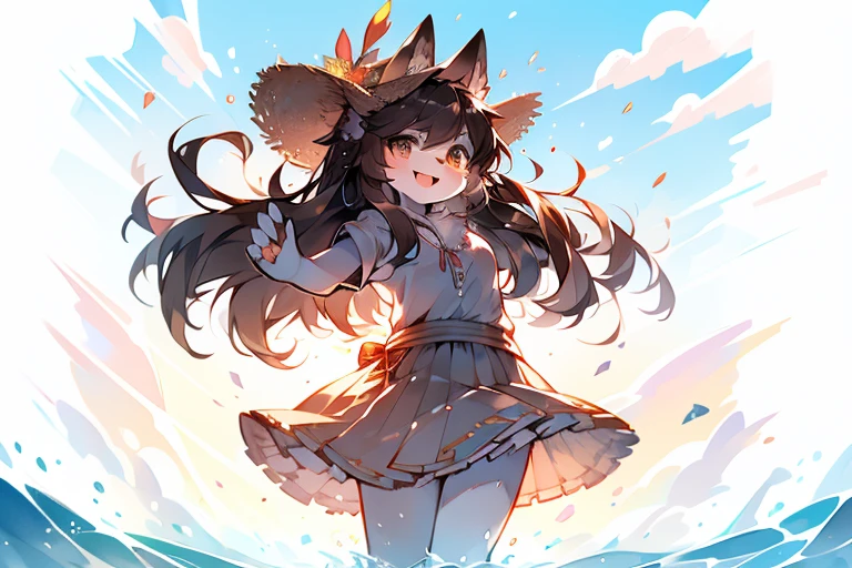 monochrome, watercolor, high resolution, top quality, best quality, Paid rewards available, High-quality illustrations, An unrivalled masterpiece, Perfect work of art, absurd, White tulle skirt，Innocent，girl, Beast field, hairy, Detailed body fur, Animal Face,Canine nose animal hand,，Happy expression, arctic fox，Brown hair，Long hair，A gentle breeze blows，Brown tail，hairy尾巴，On the beach，Wearing a straw hat，Open your arms，Open your mouth and smile