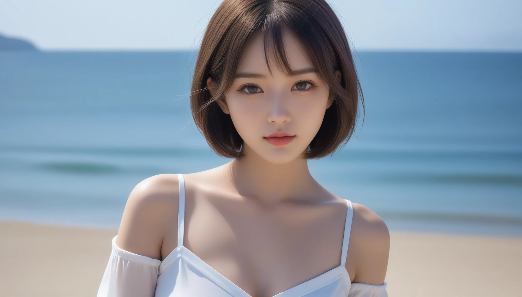8k, Ultra-high resolution, highest quality, masterpiece, Surreal, photograph, 1 girl, (16 years old:1.3), pretty girl, Cute face, Beautiful eyes in every detail, 細かくdetailedに,masterpiece,Sea side,Girl taking a walk,（((White button-up long shirt))）、フィルムポートレートphotograph、One Girl、Exposing shoulders、Bob Cut Hair,Calm、Whole Body Ezbian、(Realistic detailedd eyes、Natural skin texture、Realistic facial details),Sexy pose、See through 、Looking at the audience、beauty,Long neck、Laugh a little、Please close your mouth and laugh、(((Ideal body type))),A-cup small breasts :2,、Portraiture:2、Perfect Anatomy、鮮明なdetailed、detailed、Surreal、Light and shadow,Strong light,Fashion magazine cover,Thin lips