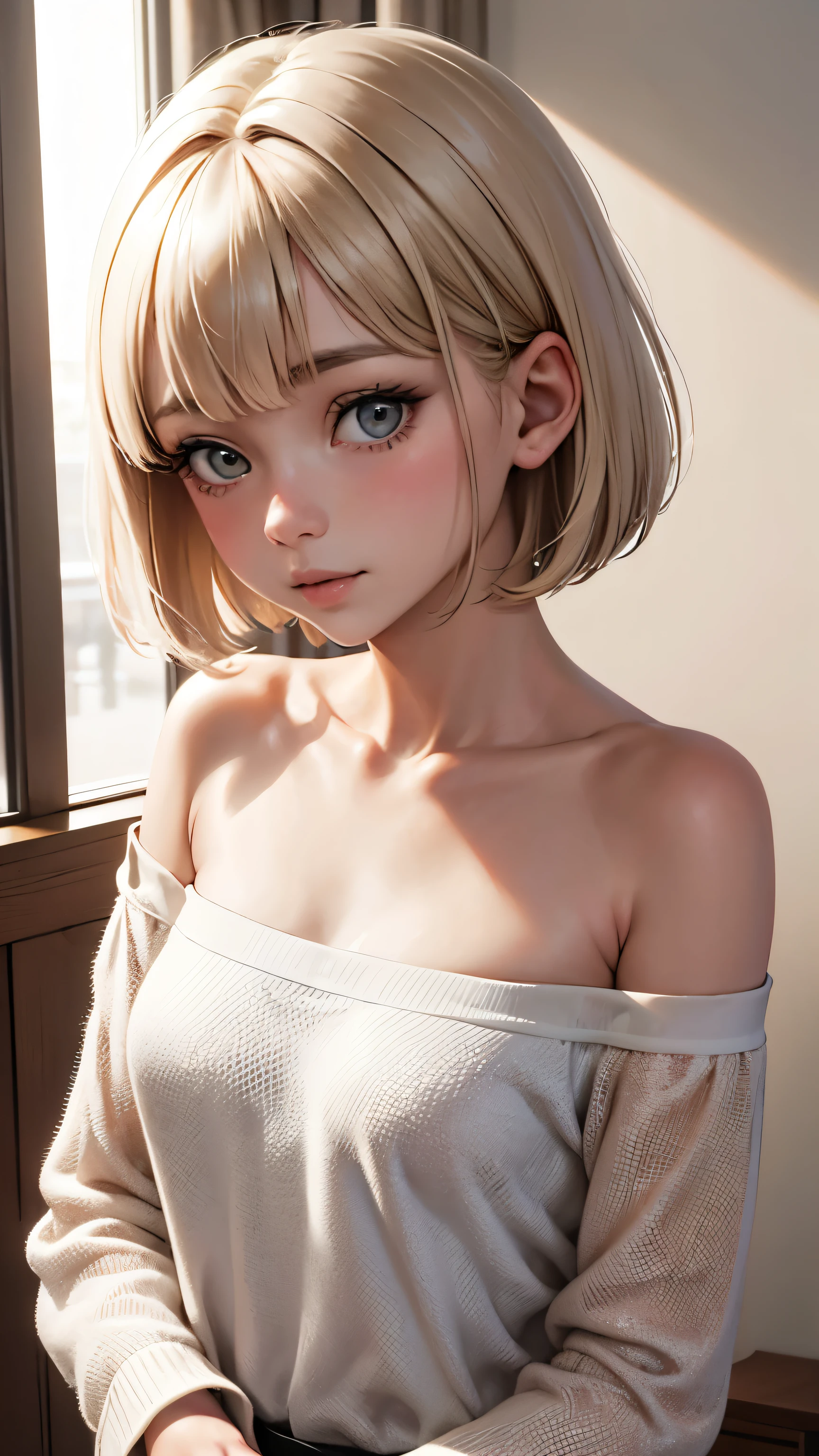 short hair, Short hair with bangs, Woman with pretty face,Cute little face, French Bob, White skin, Short brown hair and big eyes, Soft Portrait Shot 8k, Beautiful light、Big eyes, Beautiful woman, Young woman with bob cut, Full Shot,Best image quality,