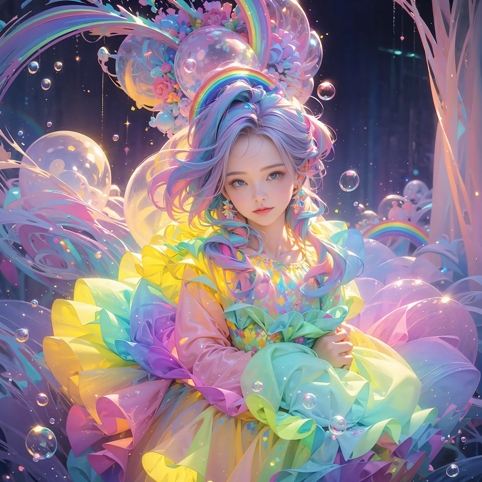 masterpiece, highest quality, Intricate details, Excellent anatomy、beautiful girl, Sparkling eyes, Otherworldly liquid fantasy background, watercolor, Bright and vibrant colors, Whimsical, colorful, Layered tiered puffy long sleeve ball gown, ((Rainbow bubbles))