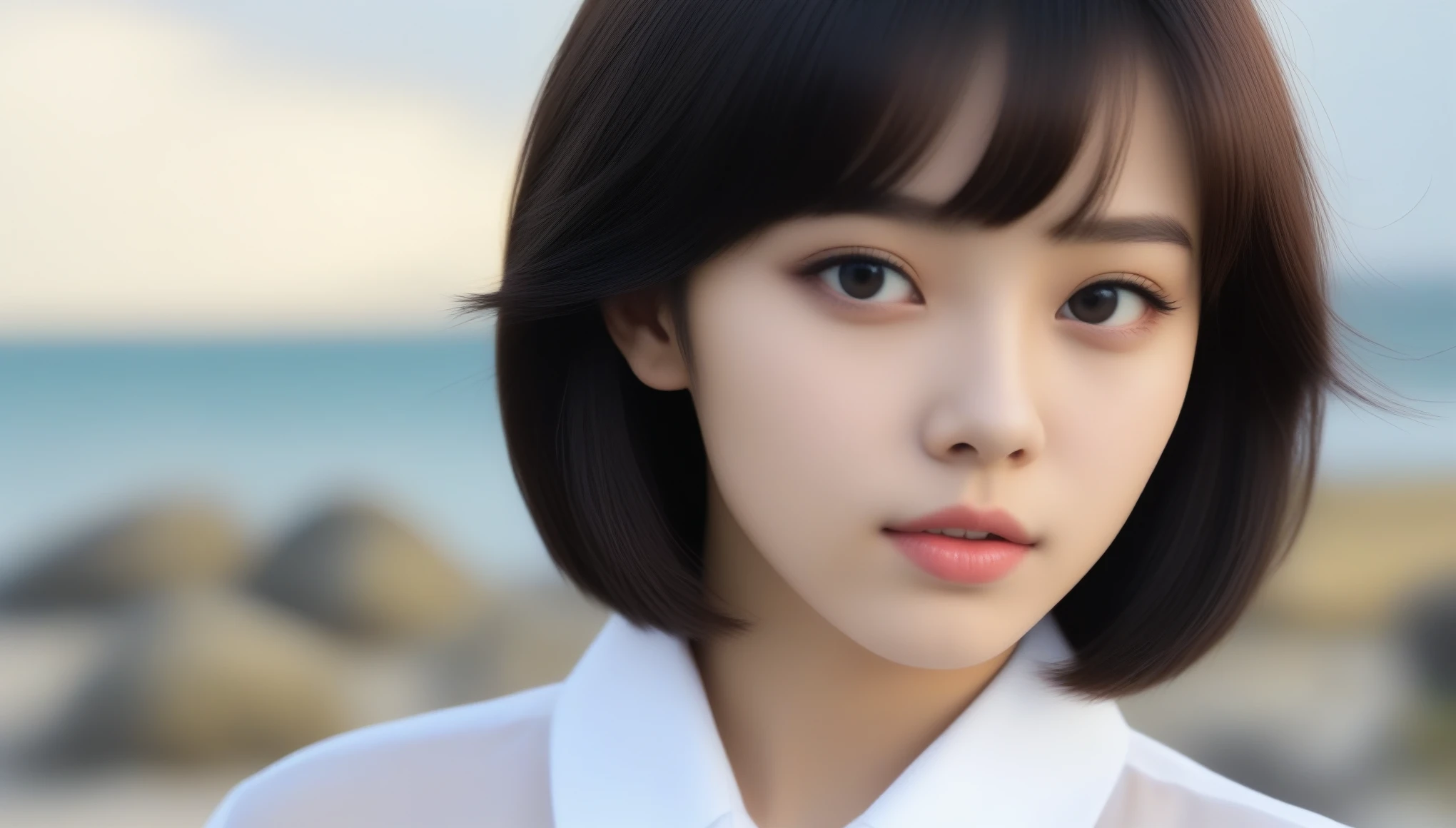 8k, Ultra-high resolution, highest quality, masterpiece, Surreal, photograph, 1 girl, (16 years old:1.3), pretty girl, Cute face, Beautiful eyes in every detail, 細かくdetailedに,masterpiece,Sea side,Girl taking a walk,（((White button-up long shirt))）、フィルムポートレートphotograph、One Girl、Exposing shoulders、Bob Cut Hair,Calm、Whole Body Ezbian、(Realistic detailedd eyes、Natural skin texture、Realistic facial details),Sexy pose、See through 、Looking at the audience、beauty,Long neck、Laugh a little、Please close your mouth and laugh、(((Ideal body type))),A-cup small breasts :2,、Portraiture:2、Perfect Anatomy、鮮明なdetailed、detailed、Surreal、Light and shadow,Strong light,Fashion magazine cover,Thin lips