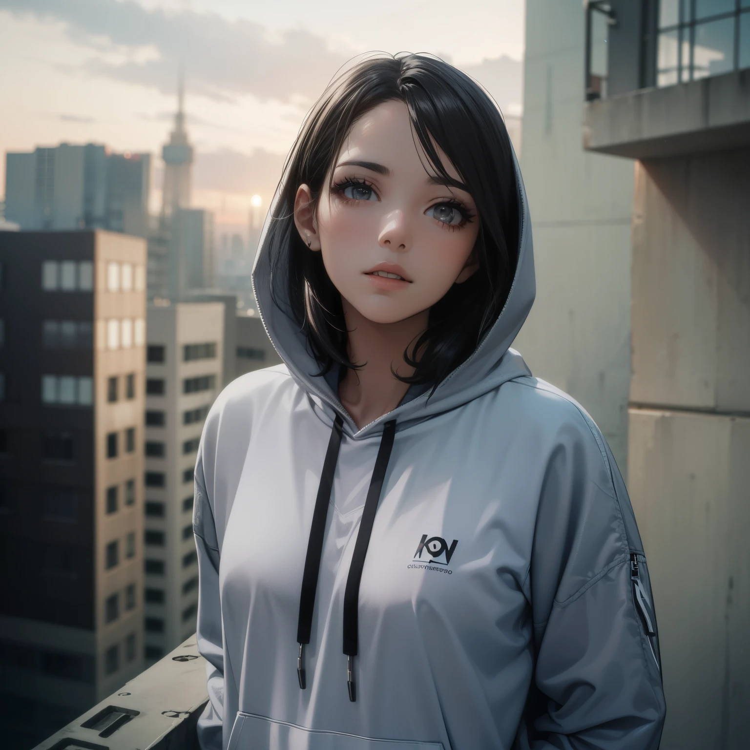 ((1Woman:1)),((beautiful eyelashes:1)), ((expressive:1)), ((high-angle-view:1)),((wearing-techwear-hoodie:1)),((Cyberworld:1)),((on-top-of-a-building:1))