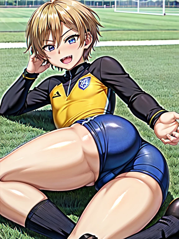 (((Official Art,Ultra-thin illustration,High resolution, Mastepiece, Best Quality,Best Quality,)))high quality, detailed, (),12 year ol)、 A young, ace striker male idol with a super cute face,A boy as beautiful as Planding, Smiling cool handsome face, soccer spike, Beautiful long legs, Thighs, Foots, No bulge, (Blonde、Short Hair)、Shiny Hair, (Tight shiny soccer uniform), (Very short soccer belly shorts), (Long soccer socks), Grassland, Cool pose, (厚いThighs、Seducing a big ass into your crotch)、(((Soccer field in the park)))、((Saucy))、Grinning、Spread legs,Ultra-fine painting, (Best Quality, 8K, High resolution, Mastepiece:1.2),Service shot、((detailedな目:1.2))、Showing off her big ass、Proud ass、(detailedな脚)