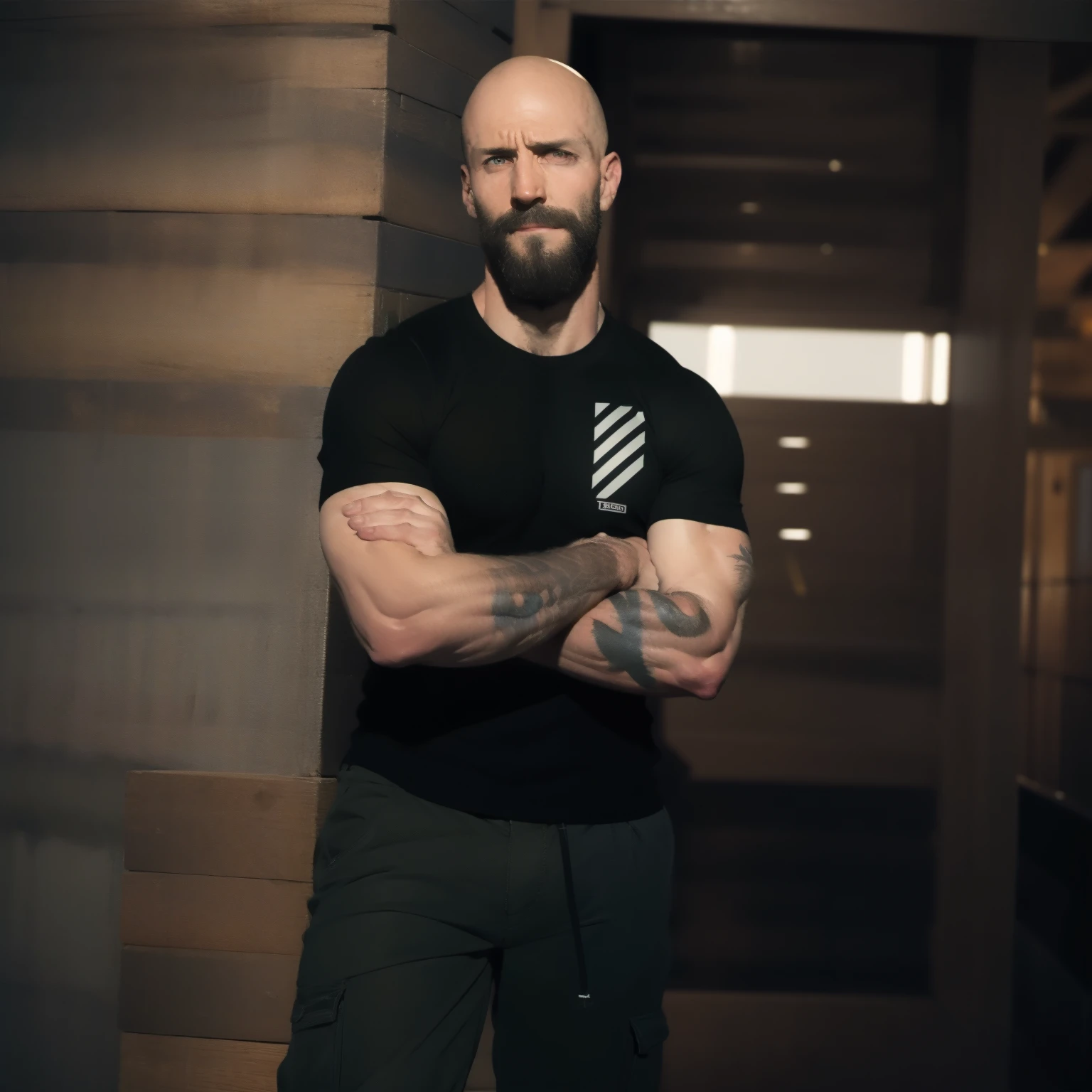 tall bald handsome man with beard, daddy, dark tattoos, lean fit body, soccer shirt, 30yo, dynamic lighting, lean body, loose cargo plants pants, character sheet, full body shot