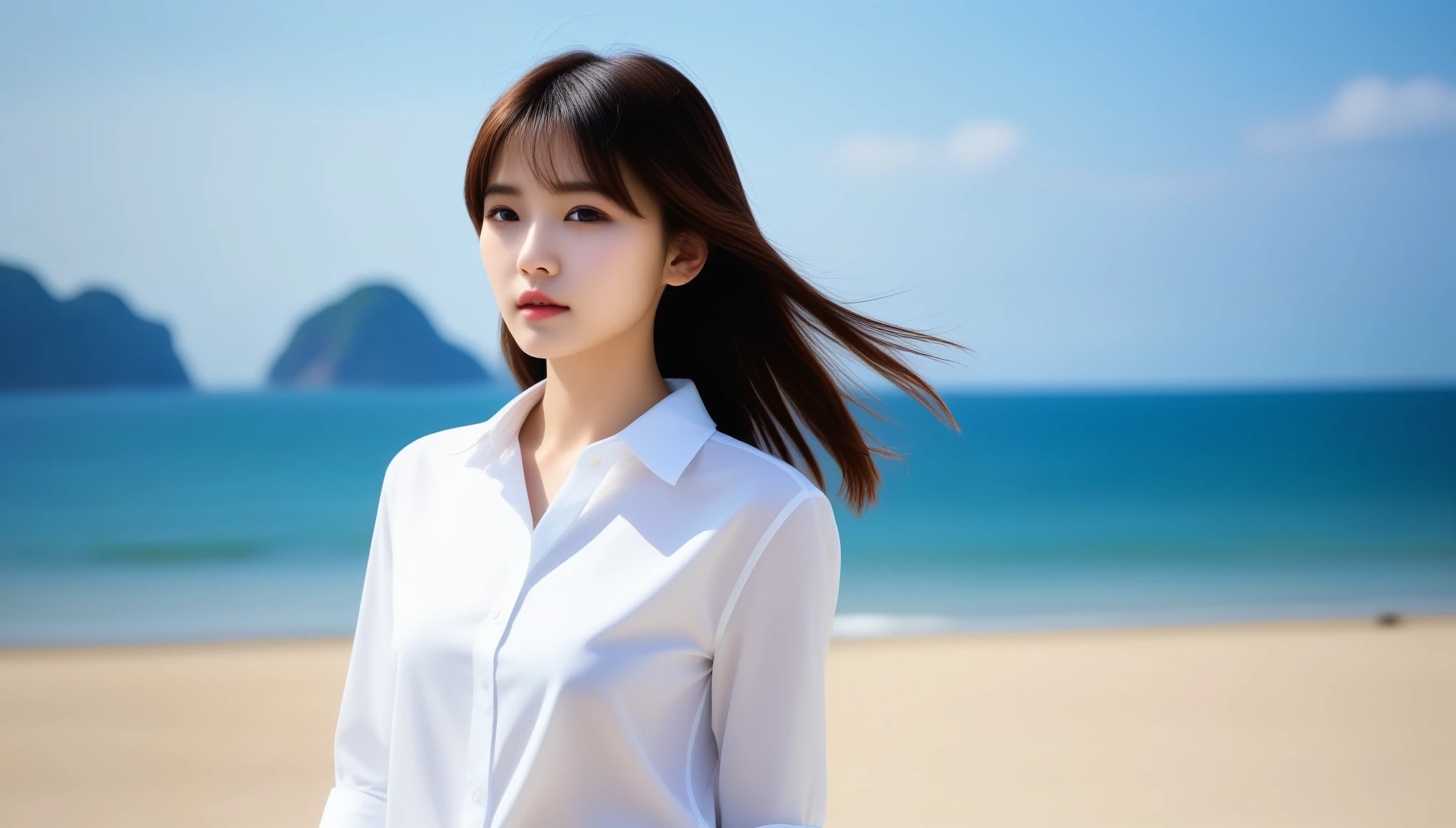 8k, Ultra-high resolution, highest quality, masterpiece, Surreal, photograph, 1 girl, (:1.3), pretty girl, Cute face, Beautiful eyes in every detail, 細かくdetailedに,masterpiece,Sea side,Girl taking a walk,(((White button-up long shirt)))、フィルムポートレートphotograph、One Girl、Exposing shoulders、Bob Cut Hair,Calm、Whole Body Ezbian、(Realistic detailedd eyes、Natural skin texture、Realistic facial details),Sexy pose、See through 、Looking at the audience、beauty,Long neck、Laugh a little、Please close your mouth and laugh、(((Ideal body type))),A-cup small breasts :2,、Portraiture:2、Perfect Anatomy、鮮明なdetailed、detailed、Surreal、Light and shadow,Strong light,Fashion magazine cover,Thin lips