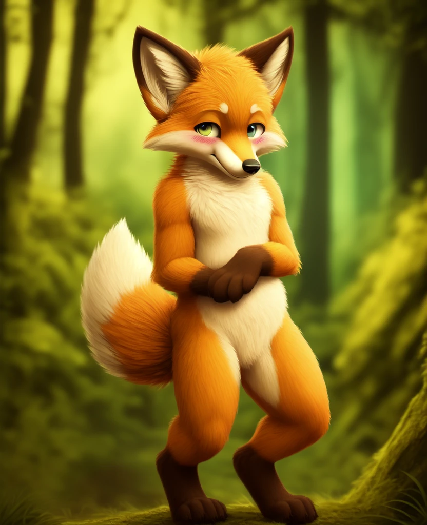 Dagashi, ( Hairy body) , (Realistic fur) , Are standing, Fluffy tail, blush, (:3), A cross between a boy and a fox, happy , Cinema Lighting ,4K, in the forest, cute,nude, Naked,Naked,Completely naked,Shyness,Hide your crotch,