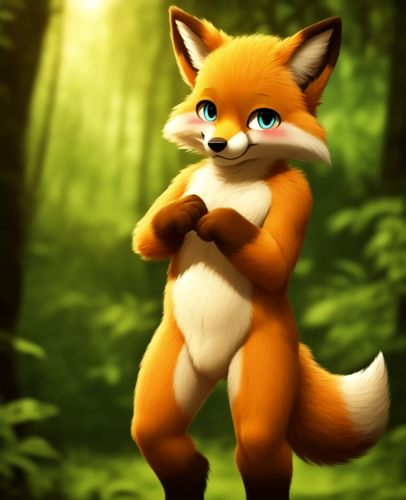 Dagashi, ( Hairy body) , (Realistic fur) , Are standing, Fluffy tail, blush, (:3), A cross between a boy and a fox, happy , Cinema Lighting ,4K, in the forest, cute,nude, Naked,Naked,Completely naked,Shyness,Hide your crotch,