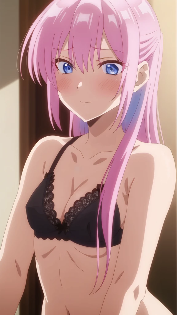 masterpiece, high quality, 8k, Beautiful lighting,sunny day,1girls,Miyako Shikimori, {{{{{pov,nsfw:1.9}}}}}, {{{{{(nude)}}}}},,,((small breasts)),(slender body),,squinting,((black lace bra)),(close up),blush:0.9,pink hair,long hair