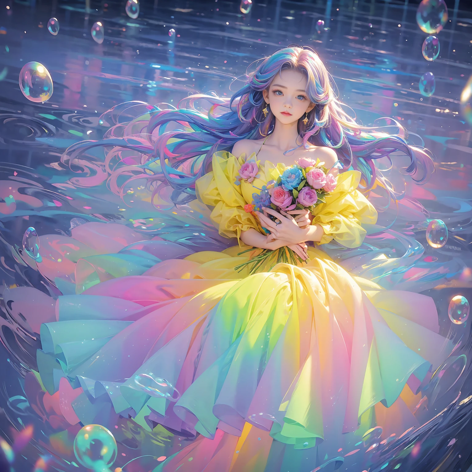 masterpiece, highest quality, Intricate details, Excellent anatomy、beautiful girl, Sparkling eyes, Otherworldly liquid fantasy background, watercolor, Bright and vibrant colors, Whimsical, colorful, Layered tiered puffy long sleeve ball gown, ((Rainbow bubbles))