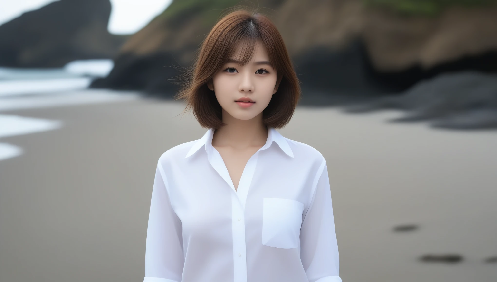 8k, Ultra-high resolution, highest quality, masterpiece, Surreal, photograph, 1 girl, (:1.3), pretty girl, Cute face, Beautiful eyes in every detail, 細かくdetailedに,masterpiece,Sea side,Girl taking a walk,(((White button-up long shirt)))、フィルムポートレートphotograph、One Girl、Exposing shoulders、Bob Cut Hair,Calm、Whole Body Ezbian、(Realistic detailedd eyes、Natural skin texture、Realistic facial details),Sexy pose、See through 、Looking at the audience、beauty,Long neck、Laugh a little、Please close your mouth and laugh、(((Ideal body type))),A-cup small breasts :2,、Portraiture:2、Perfect Anatomy、鮮明なdetailed、detailed、Surreal、Light and shadow,Strong light,Fashion magazine cover,Thin lips