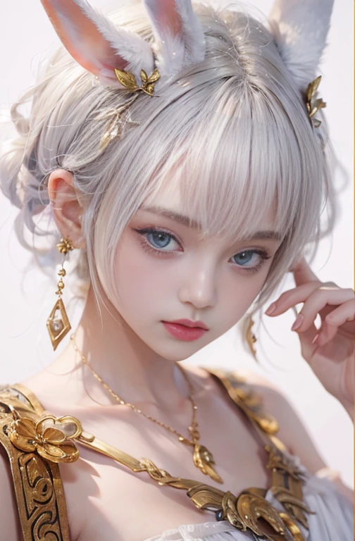 18-year-old, Close up portrait of woman in Ancient Greek clothing、Shoulder out、thin、Serious expression、Short-haired、Deadly position, Gorgeous Necklace, Light milky porcelain skin, Smooth, transparent white skin, Enchanting anime girl, Beautiful and seductive anime woman, Ultra realistic sweet bunny girl, Pale porcelain white skin, Smooth, realistic and perfect body, Anime Girl Cosplay, Perfect body with realistic shadows, Gweitz masterpiece