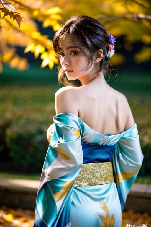 (masutepiece:1.3, Photorealsitic:1.4, 8K), top-quality, masterpiece, 超A high resolution, Professional camera work, Grow Light Effect, Realistic portrait, Cinematic Light, Highly detailed skin and facial texture:1.3, Perfect dynamic composition, The ultra-detailliert, A detailed eye, Detailed limbs, autumn night, Lit up, Autumn foliage scenery:1.2, 1girl in, Cute sexy 24 year old slim woman, Fair skin, Autumn leaves are dancing:1.2, (Enraptured look:0.9, Totally captivates you:1.0), (Silver kimono:1.35 off shoulder), (voluptuous breasts:0.9), (Backshots, Calm pose), (Beautiful blue eyes, Eyes that feel beautiful eros:0.85), Sexy face:0.4, (A mouthfeel that feels beautiful eros:0.85), ((Too cute beauty:0.9))