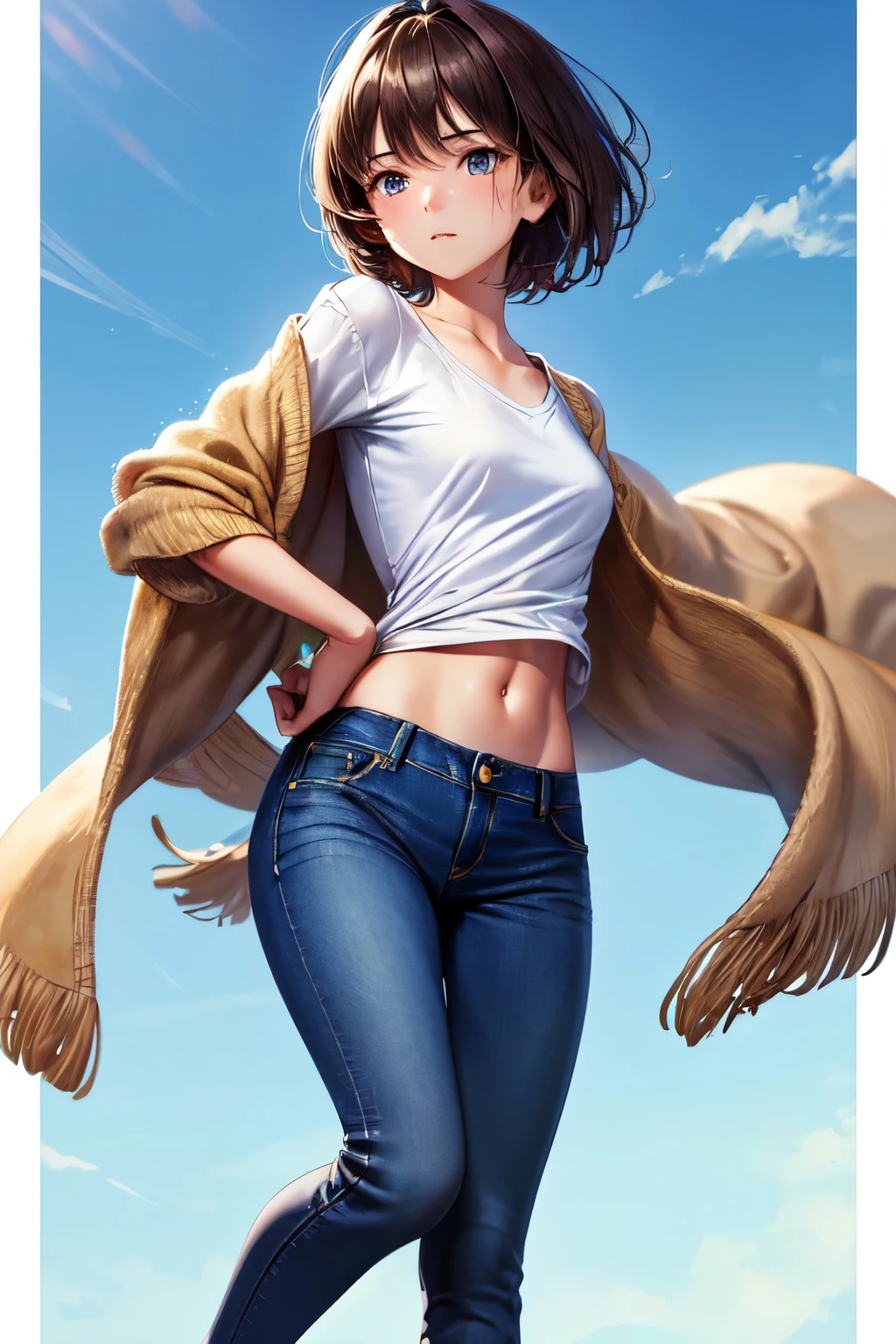 Super detailed photo of a 22 year old brunette girl with medium short loose hair, natural beauty, calm expression, strong body and medium chest, wearing woolen shoes and jeans, against a solid sky blue background.