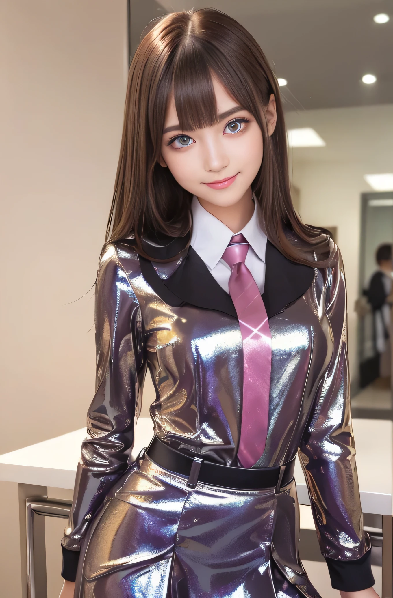 Angelic Very beautiful cute young girl, 
Beautiful detailed eyes, 
Detailed double eyelids, 
(Large eyes:1.3), 
Long straight brown hair, 
see-through bangs, 
beautiful detailed face and eyes, small straight nose,
smiling, 
BREAK   (super shiny metallic colored high school uniform:1.5),(school uniform with super reflective surfaces:1.5),
(Very beautiful cute girl:1.2), 
Very beautiful cute young girl, Beautiful detailed eyes, 
Detailed double eyelids, 
(Large eyes:1.3), 
Long straight brown hair, 
see-through bangs, 
beautiful detailed face and eyes, laughing, 
break  
(Very beautiful cute girl, Beautiful detailed eyes, Detailed double eyelids:1.3), 
(Soft Saturation: 1.3), 
(Fair skin: 1.4), 
(Large eyes:1.4), 
break  
Very beautiful cute girl, 
Sharp Focus, 
brown hair, 
Very beautiful cute girl, 
Raw photo, 
High resolution, 
perfect detail, 
Professional Photography, Professional Lighting, 
strong lighting,
break 
(smile:1.6)